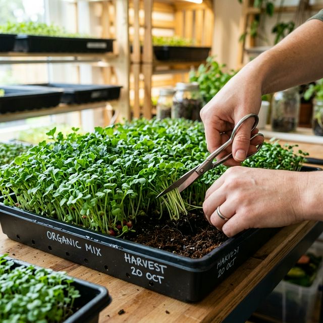 Sharp scissors harvesting vibrant healthy green microgreens from a tray