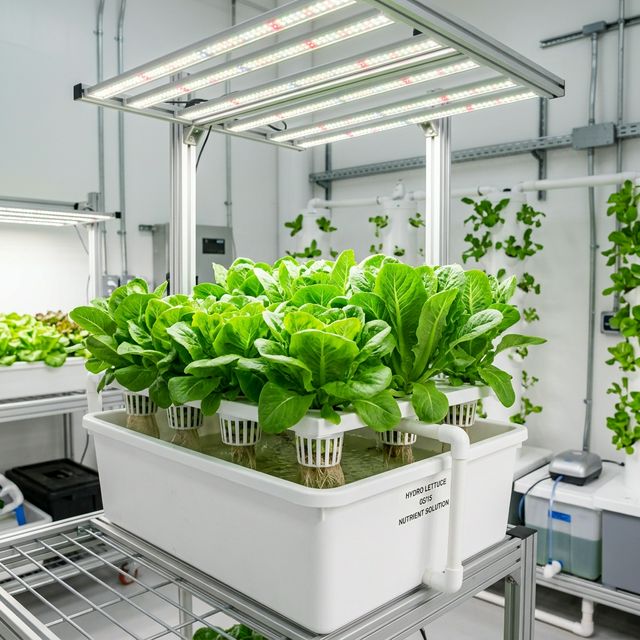 A thriving indoor hydroponic lettuce setup under bright LED grow lights