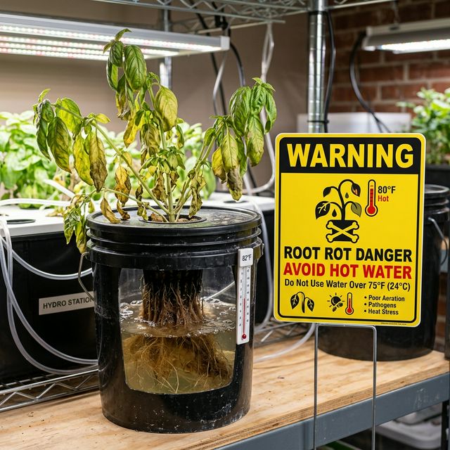 Conceptual warning sign next to a wilting hydroponic plant representing root rot danger