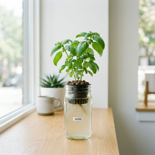 Simple Kratky hydroponic setup using a glass mason jar and a net cup