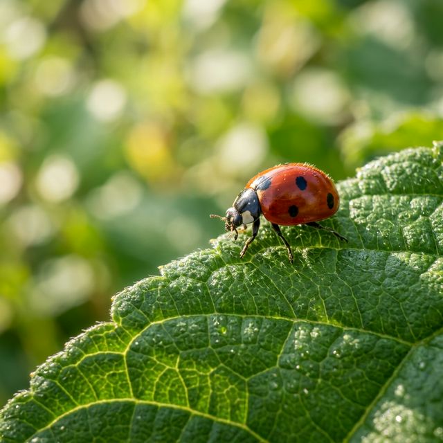 Ladybug on a vibrant green leaf hunting for pests