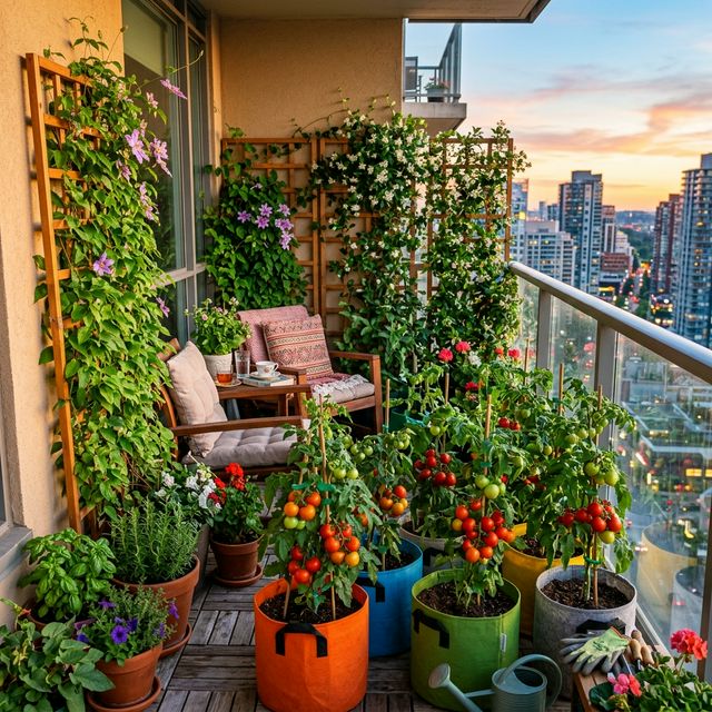 A beautiful, thriving balcony garden in a high-rise city apartment