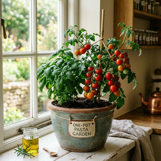 Fresh organic tomatoes and basil growing in a ceramic pot