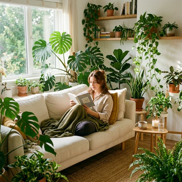 A person relaxing peacefully on a sofa surrounded by lush indoor house plants