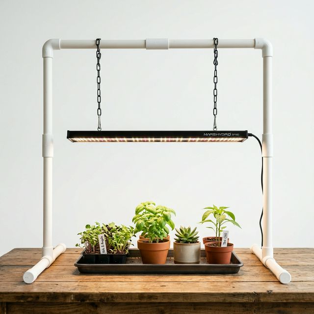 A sturdy PVC light stand glowing over potted plants