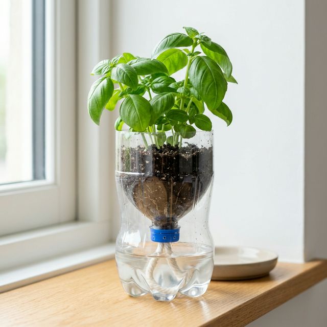 DIY self-watering planter made from a cut clear plastic soda bottle with a basil plant