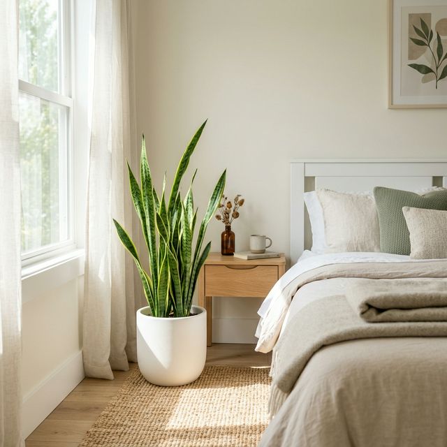 A healthy snake plant in a modern white ceramic pot sitting next to a bed