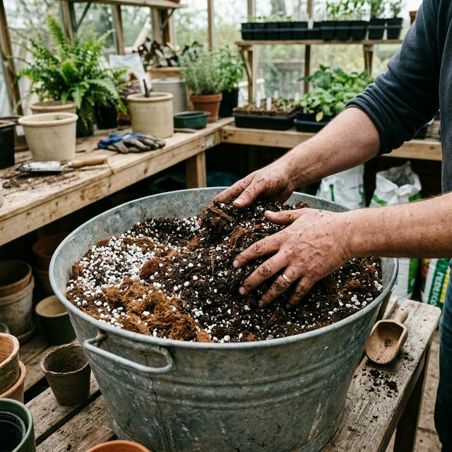Hands mixing soil with perlite