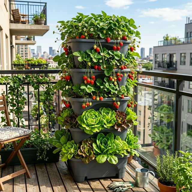 A multi-tier vertical garden stacker planter overflowing with strawberries