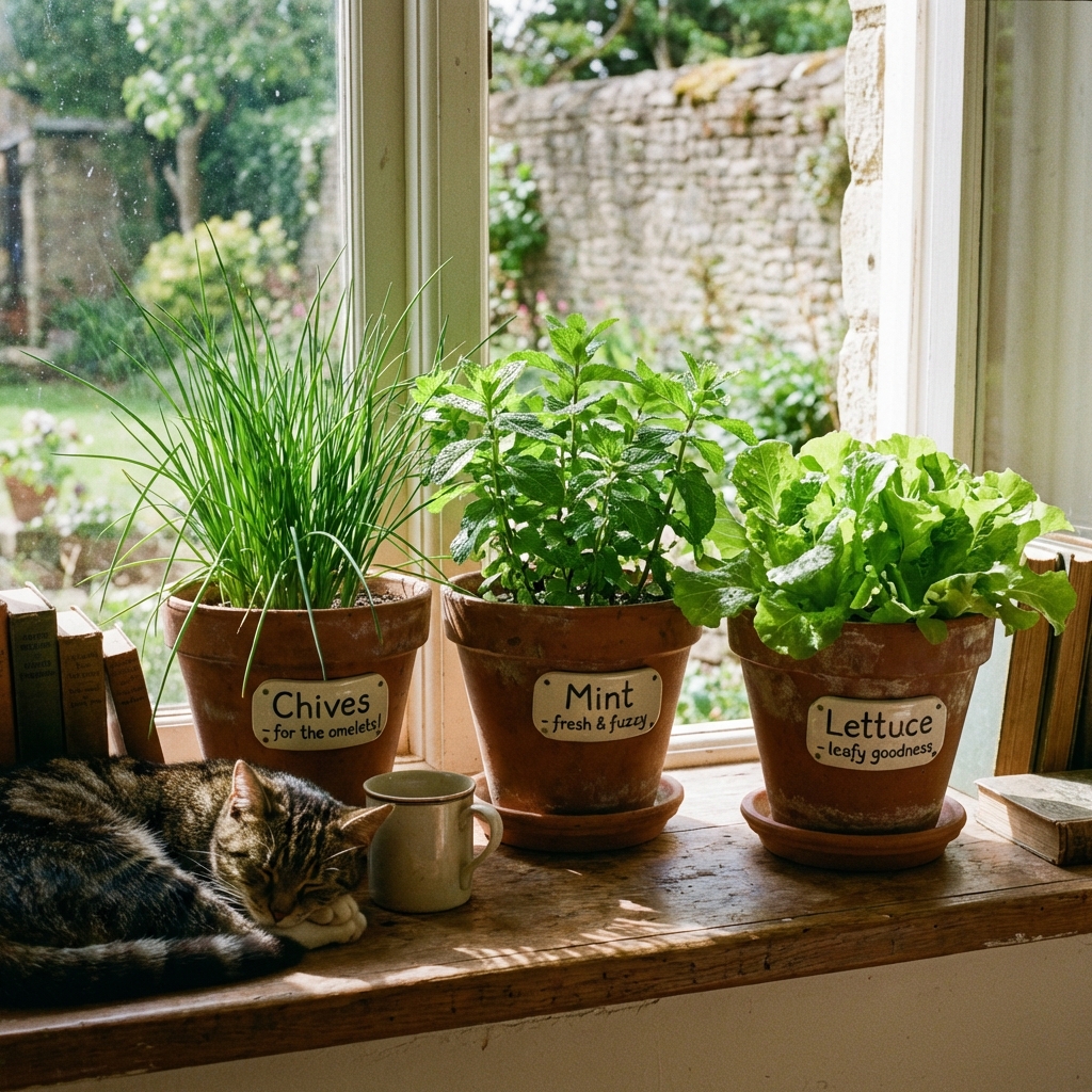 Labeled pots of Chives Mint and Lettuce on a windowsill
