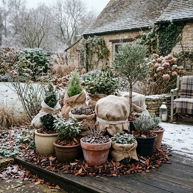 Potted plants grouped together for winter