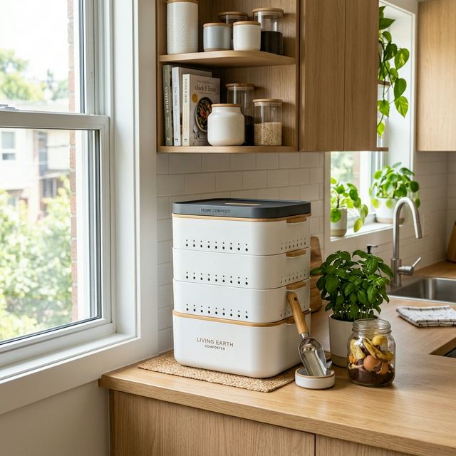 A clean, modern indoor worm composting bin sitting in a bright kitchen