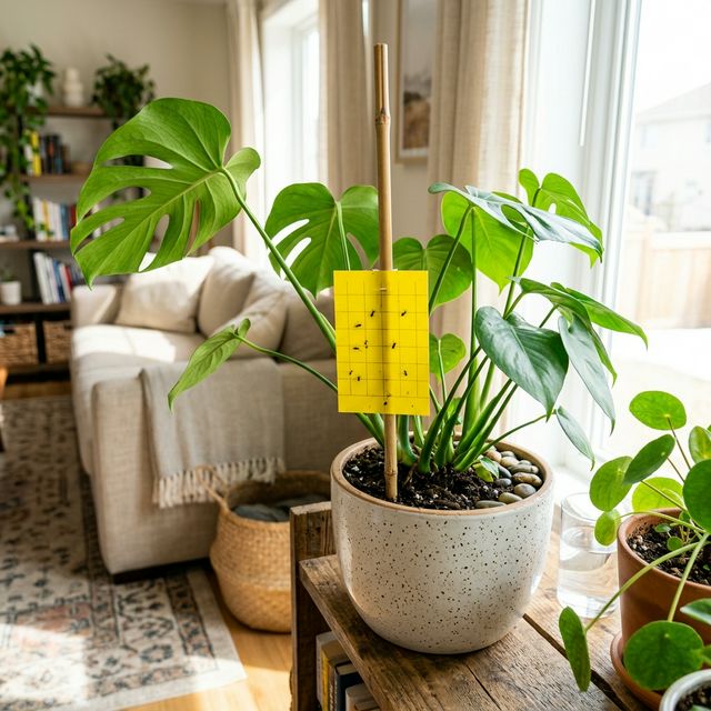 A single yellow sticky trap placed in a houseplant to catch fungus gnats